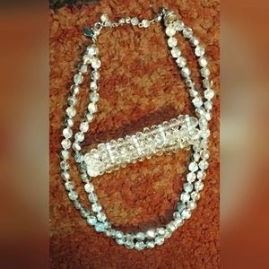 Clear Iridescent and Silver Beaded Necklace and Bracelet Set